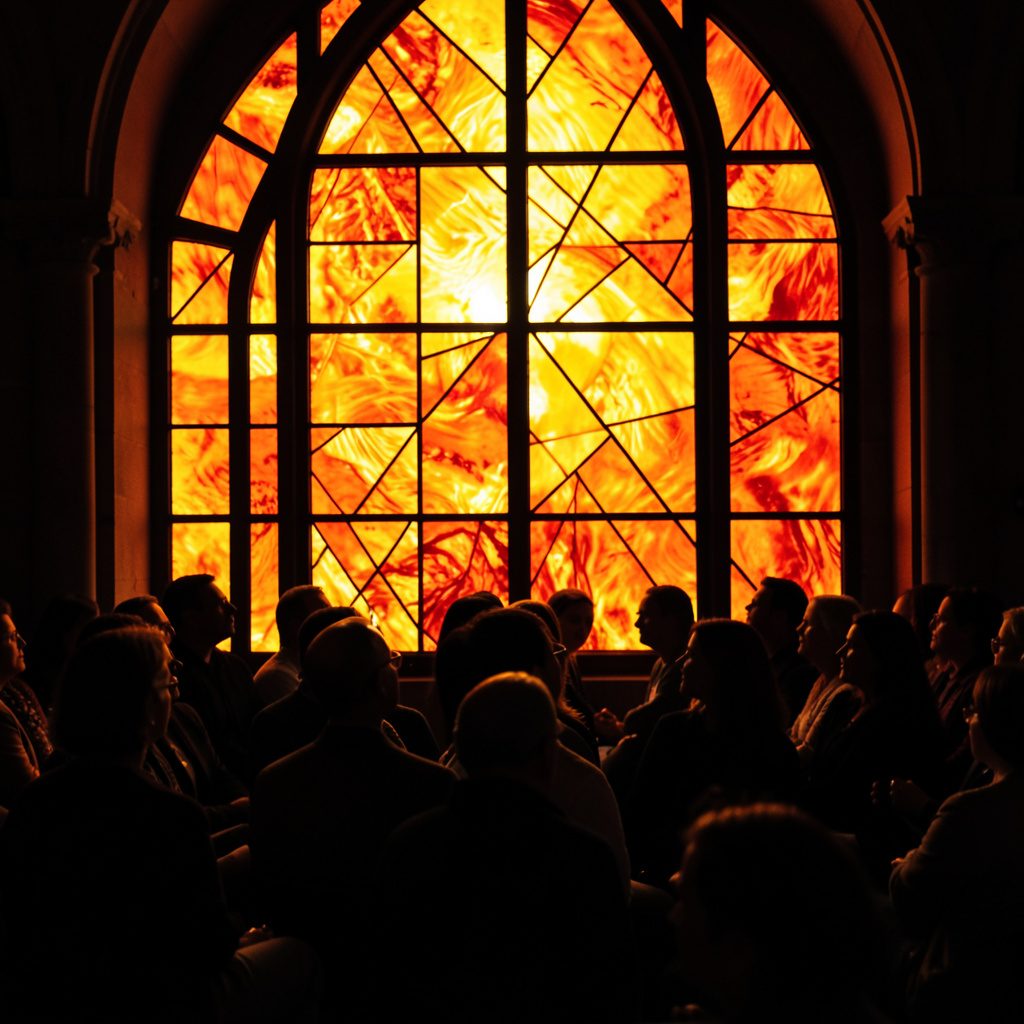 Audience watching a film in dim light, warm tones, community screening atmosphere