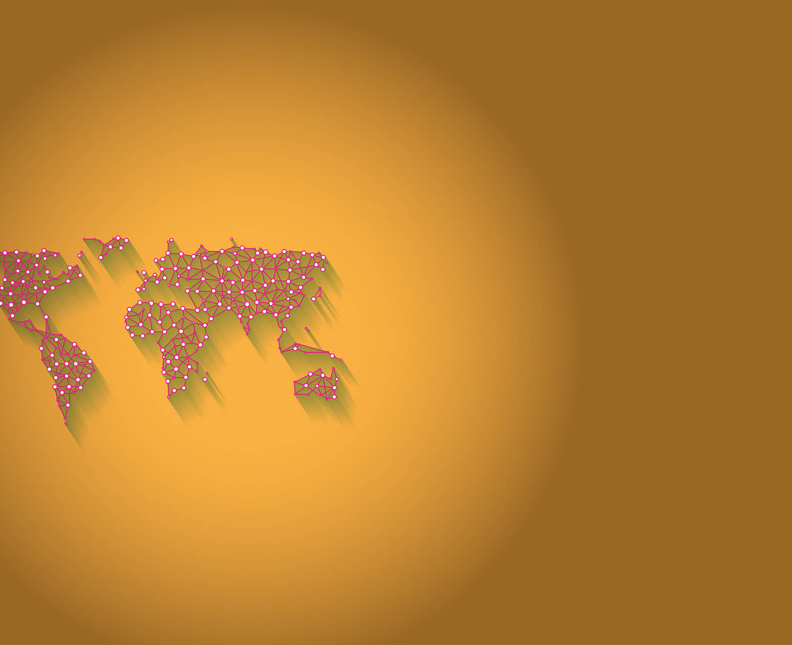 Stylized world map made of connected pink dots and lines on an orange gradient background, modern network design