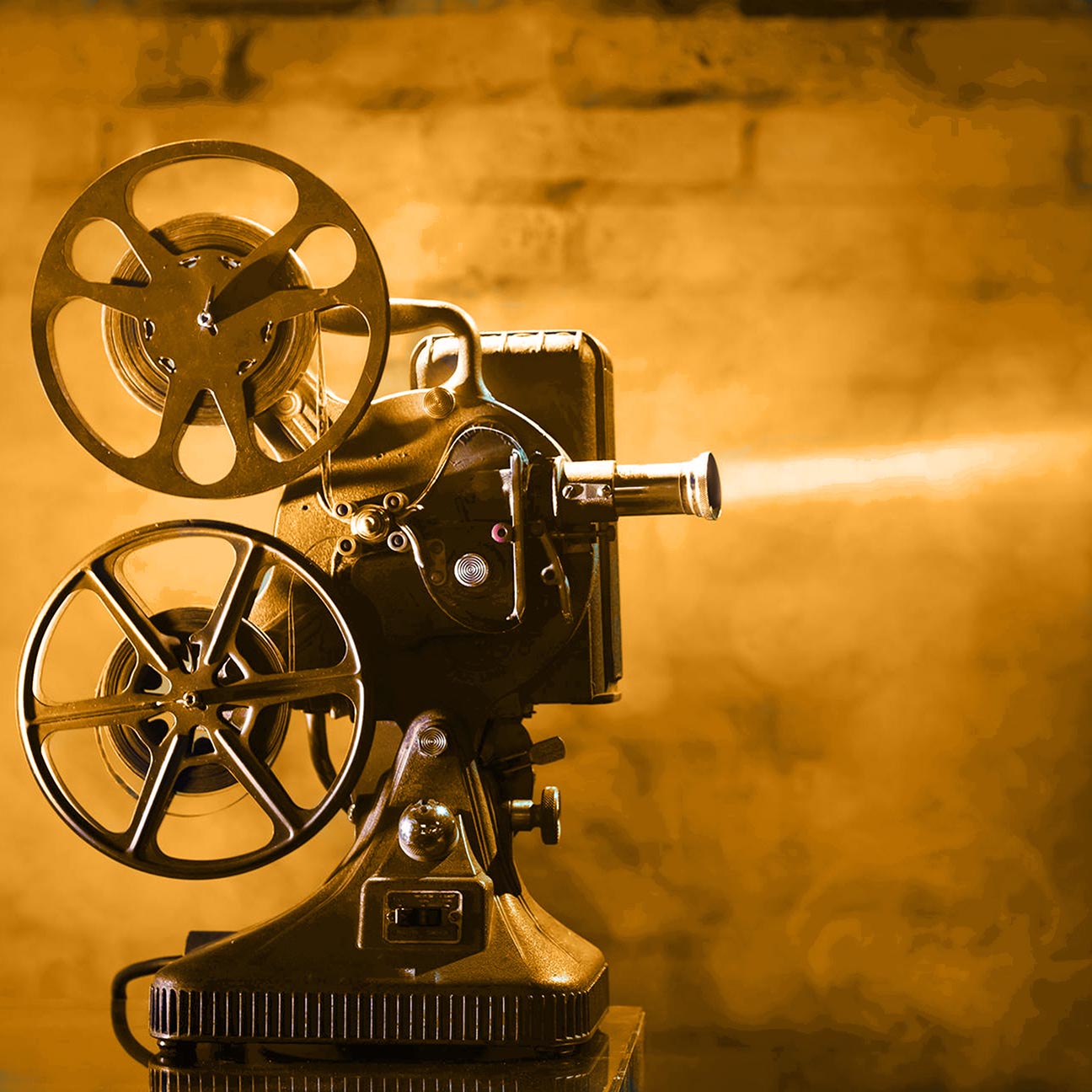 Vintage film projector with reels, glowing amber tones, casting a beam of light, nostalgic mood